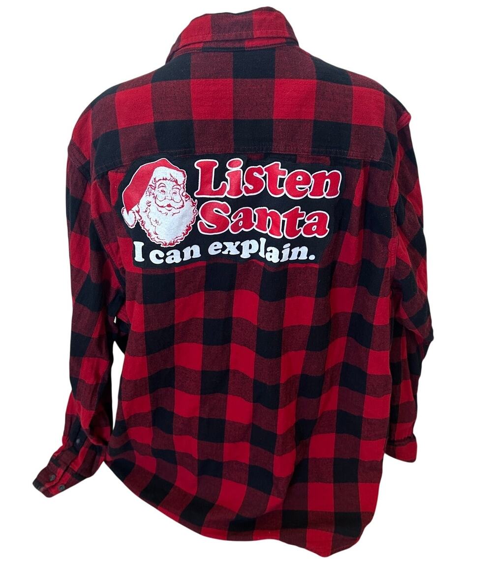 Santa Claus Plaid Flannel Shirt XXL Christmas Naughty Oversize Upcycle Unique